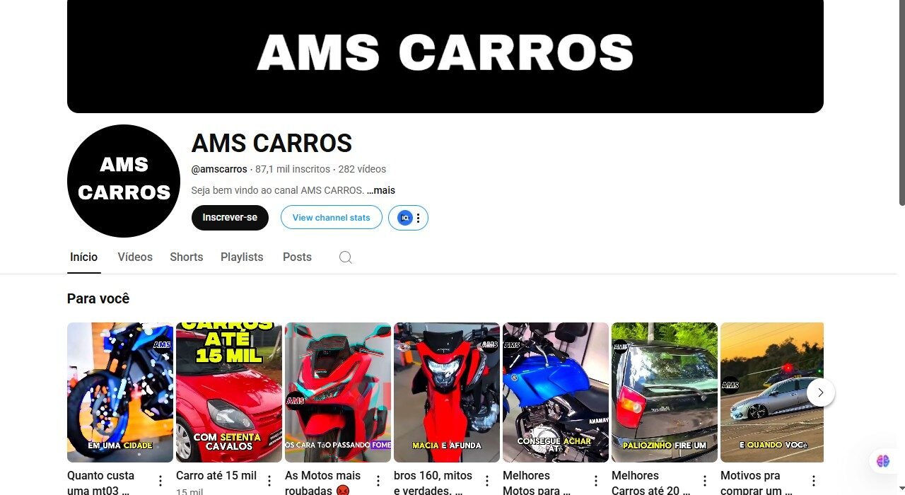 Canal Youtube Não Monetizado com 87 Mil Inscritos Nicho de Carros