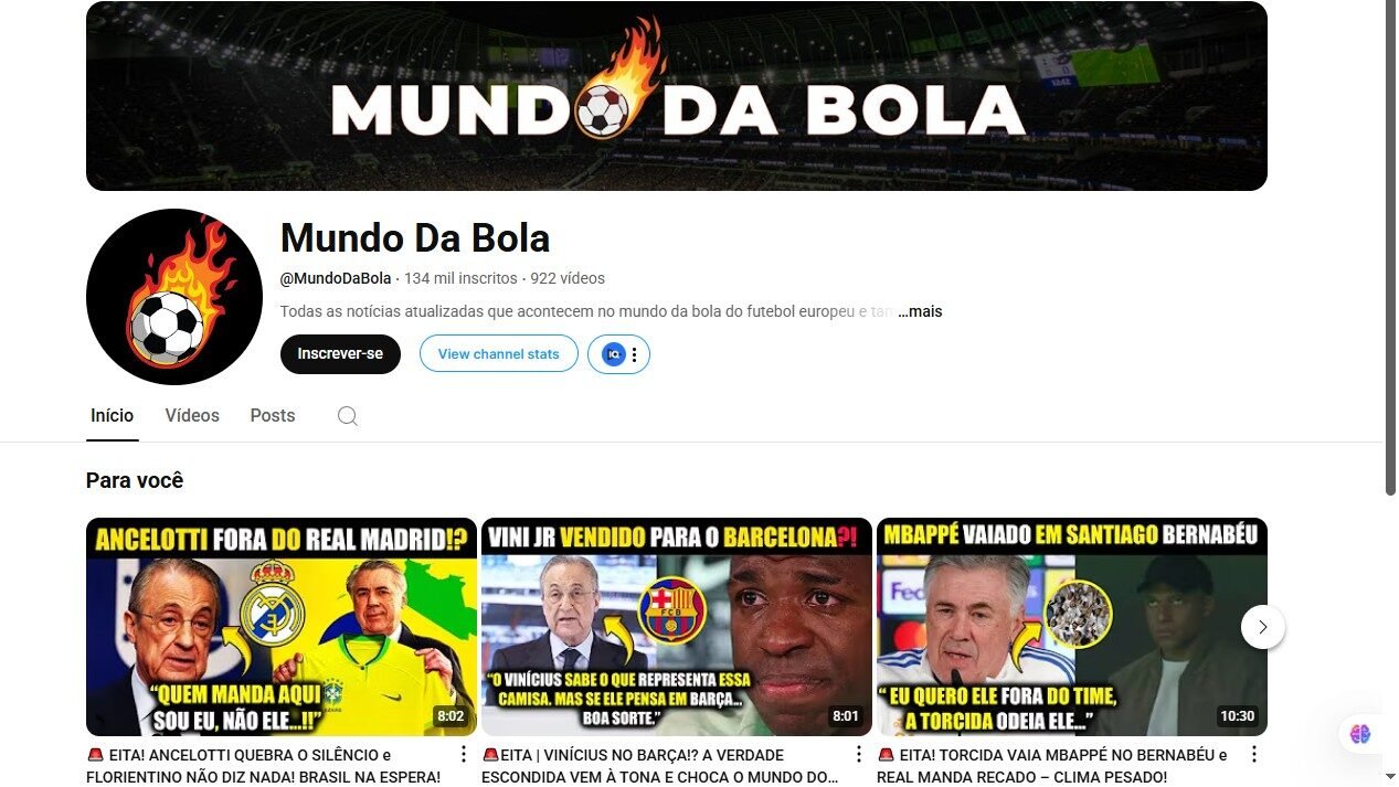 Canal do Monetizado YouTube de notícias de futebol Europeu