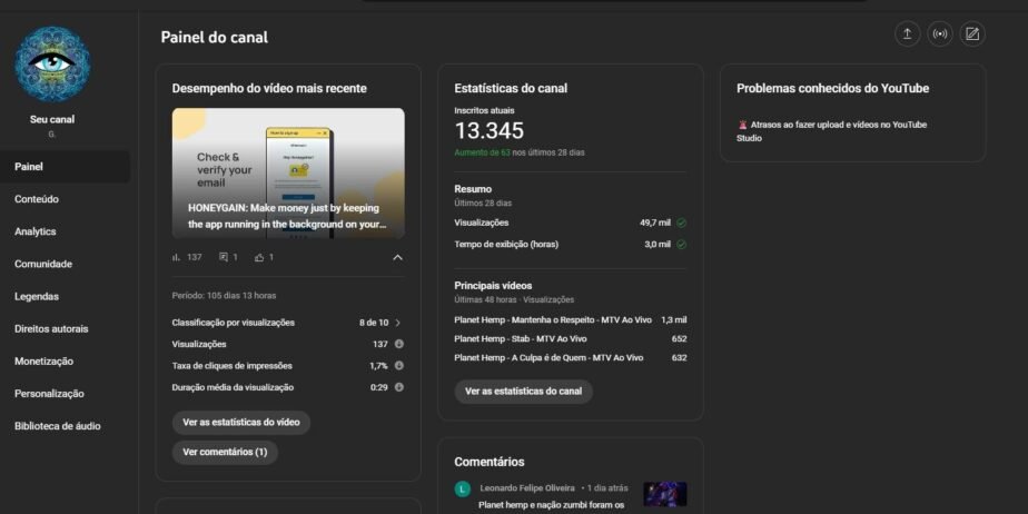 Canal Youtube (13.345 inscritos organicos) 12.698.014 visualizações
