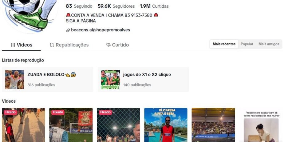 Conta de TikTok a venda com 59,6 mil seguidores