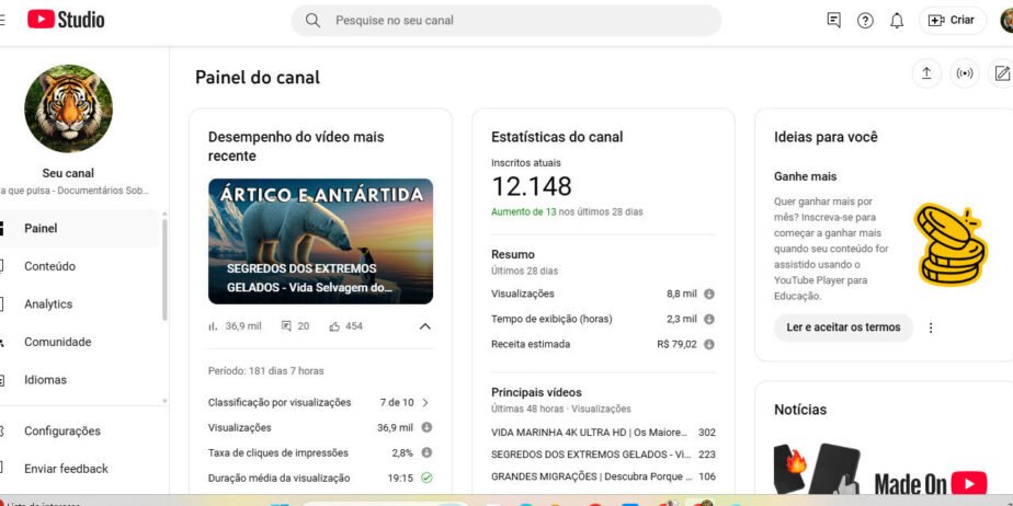 Vendo Canal Monetizado que tem potencial de gerar 5 mil ou mais reais por mês