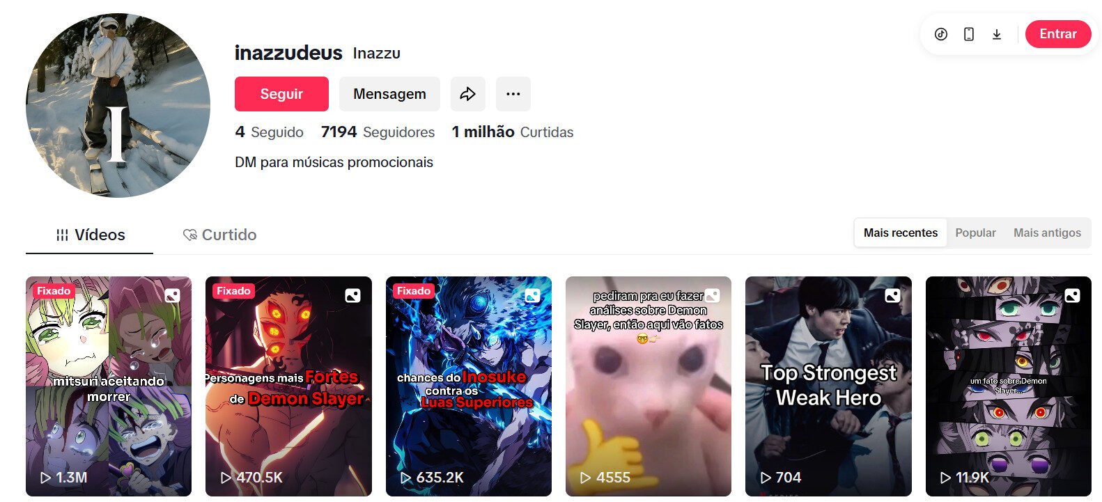 Tiktok corte de animes 7 mil seguidores
