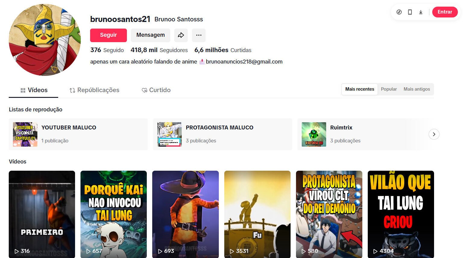 Tiktok Diversos animes aleatórios 418 mil seguidores