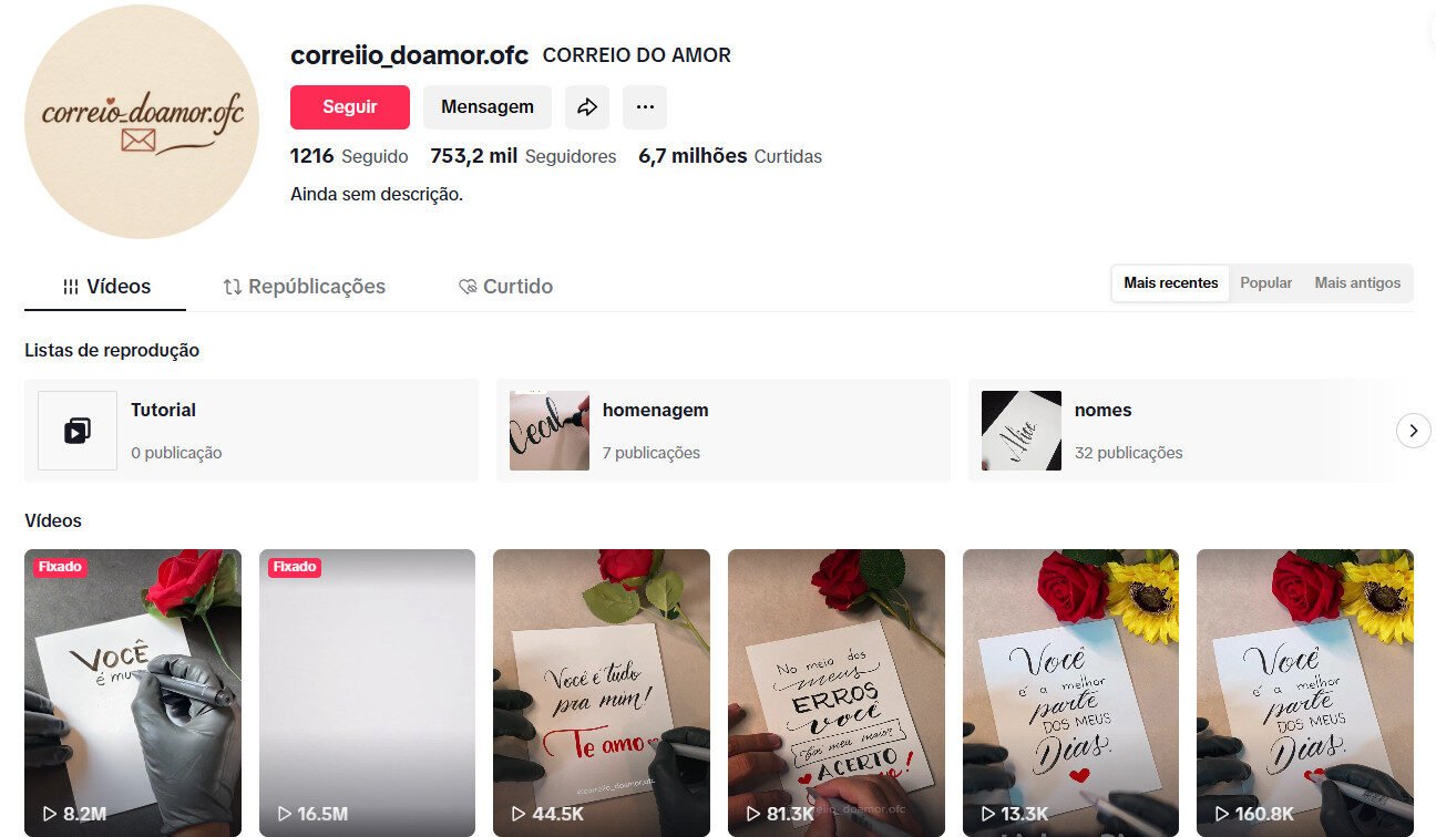 Conta tiktok bastante engajamento Correio do Amor 753 mil seguidores