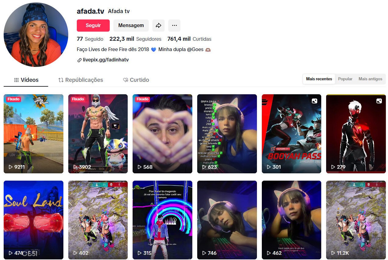 tiktok 222 mil seguidores de Game Free frie lives desde 2018