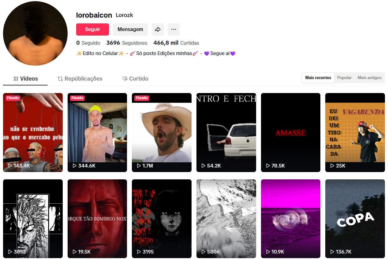 Conta tiktok edições prórpias 3 mil seguidores