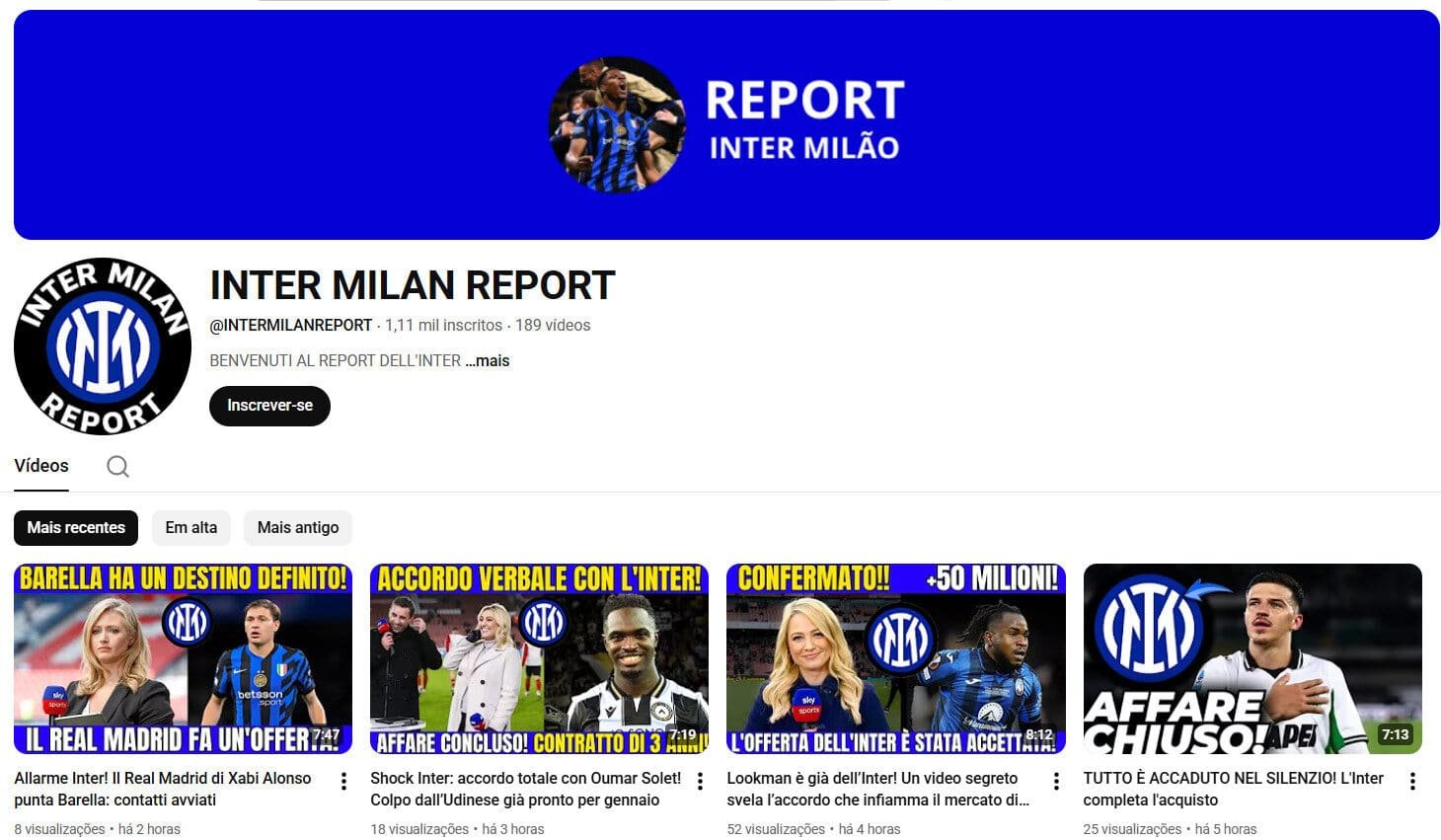 Vendo Conta Youtube Notícias Inter Milan