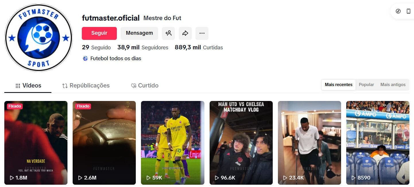 Tiktok 38 mil seguidores Futebol todos os dias
