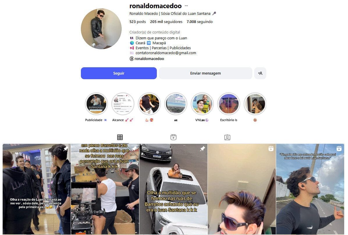 Instagram 205 mil seguidores sósia Luan Santana