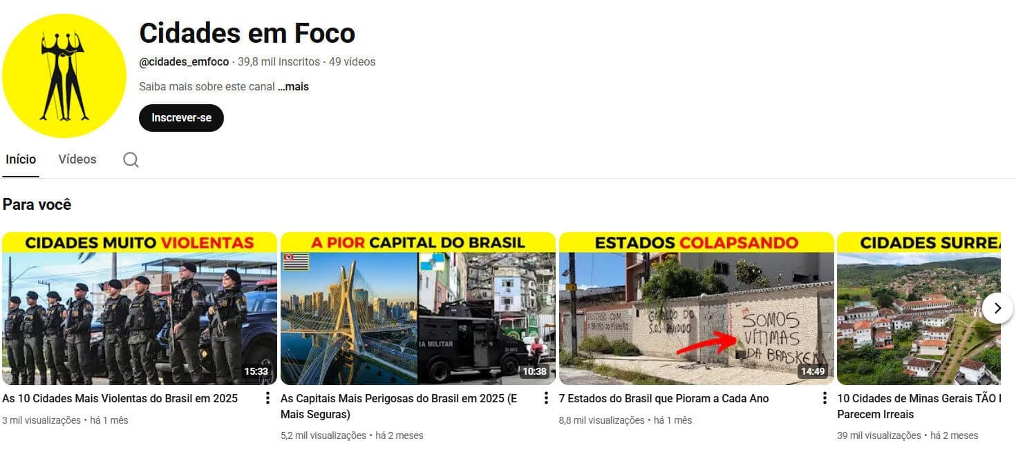 Canal YouTube: Cidades em Foco (Turismo, Geografia & Exploração Urbana) 39 mil seguidores