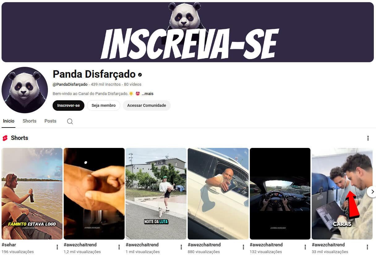 Canal youtube Panda Disfarçado (Comédia e Entretenimento Familiar) 439 mil inscritos