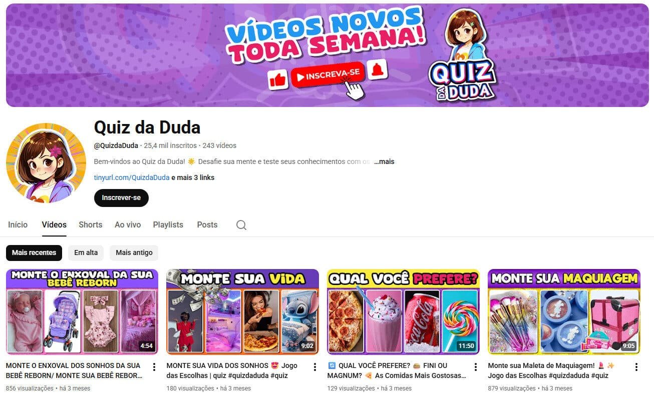 Canal no YouTube à venda – Quiz da Duda (Entretenimento e Jogos de Escolha)
