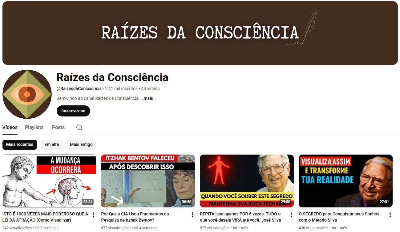 Canal no YouTube à venda – Raízes da Consciência (Espiritualidade e Cultura) 22 mil inscritos