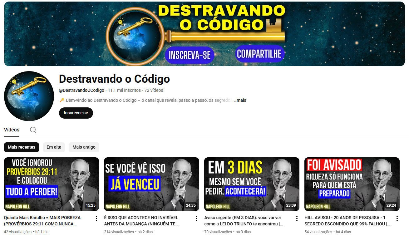 Canal no YouTube com 11 mil inscritos – Destravando o Código (Desenvolvimento Pessoal/Riqueza)