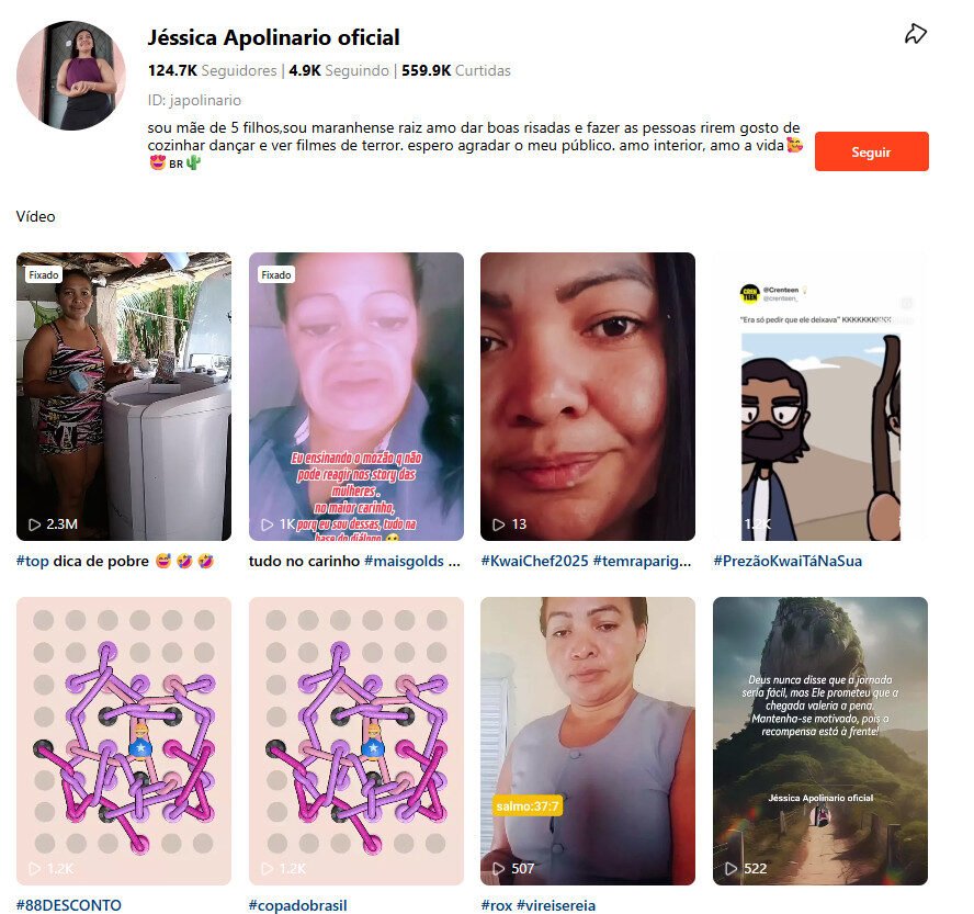 Perfil Kwai – Jéssica Apolinario (Vlogs, Maternidade e Humor Raiz) | 124 mil seguidores