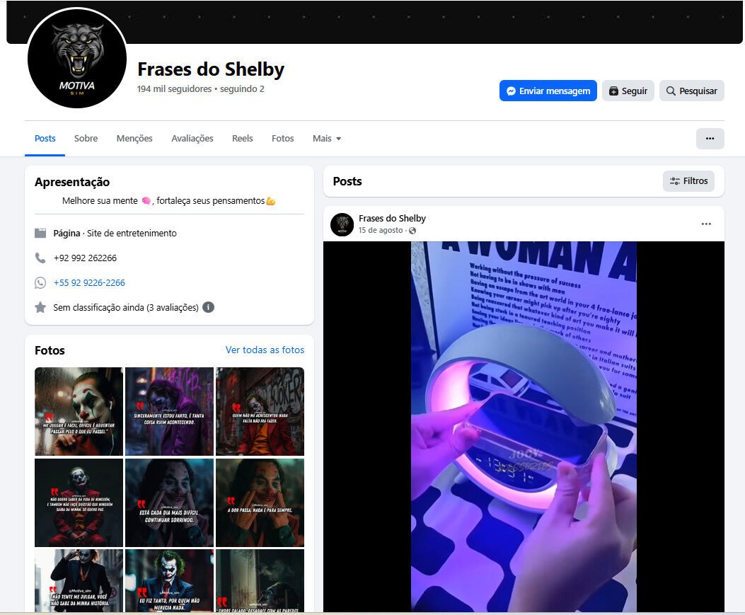 Pagina facebook – Frases do Shelby (Motivação e Mindset) | 194 mil seguidores