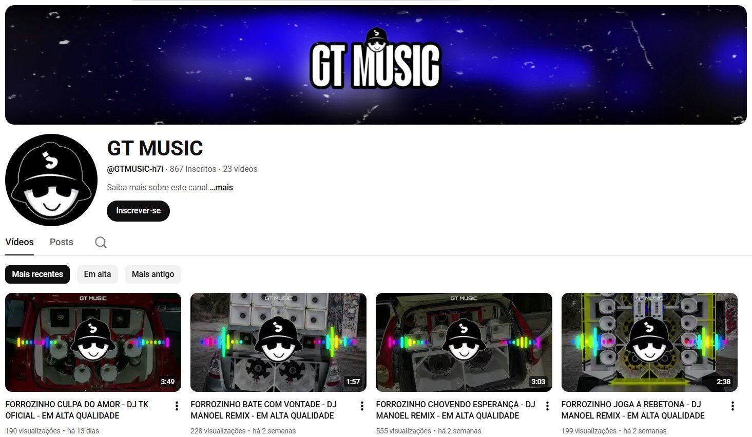 Canal no YouTube – GT MUSIC (Forró Remix e Som Automotivo) | 867 inscritos