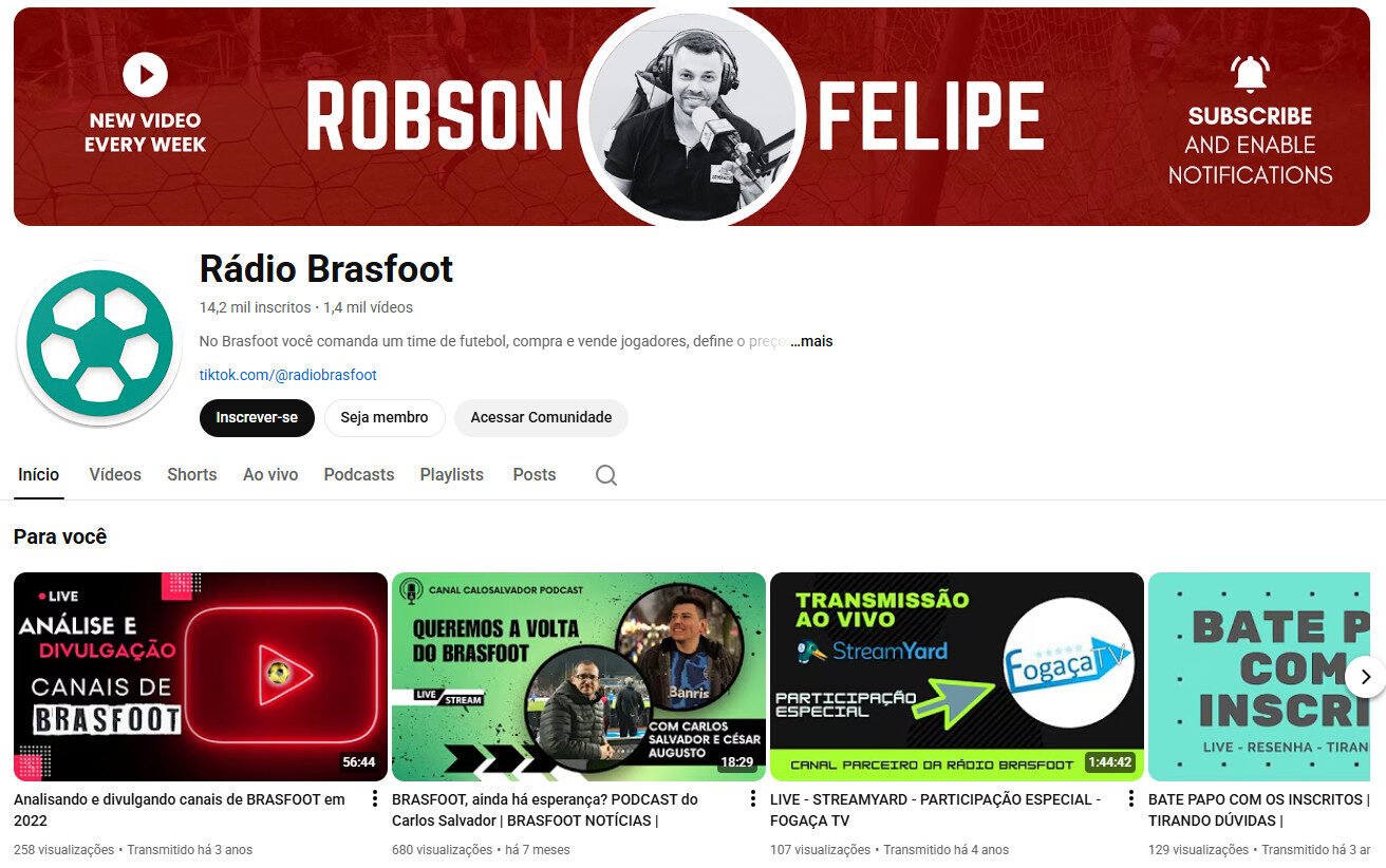 Canal no YouTube à venda – Rádio Brasfoot Gaming/Gestão de Futebol | 14 mil inscritos