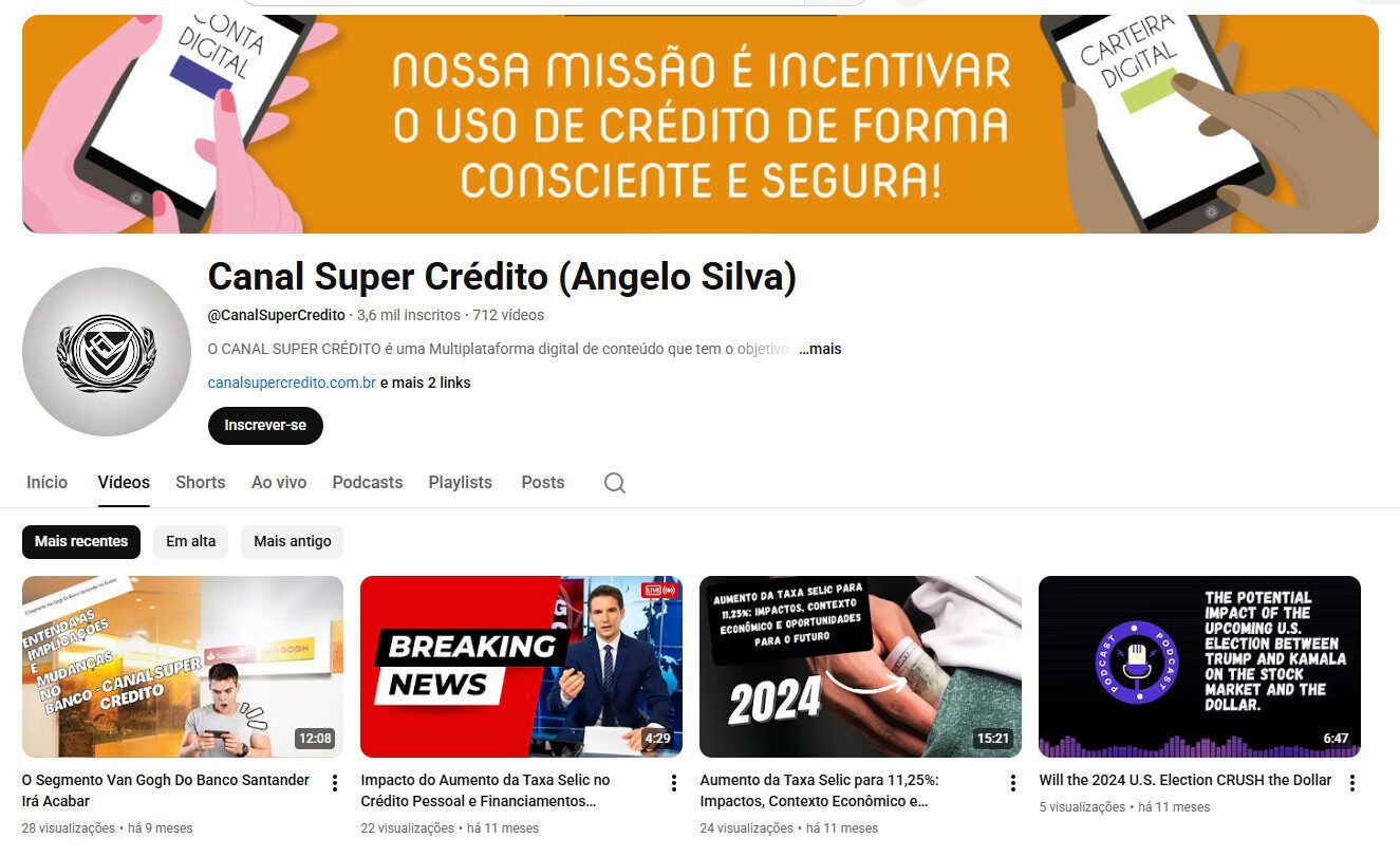 Canal no YouTube à venda – Canal Super Crédito (Finanças e Economia) | 3 mil inscritos