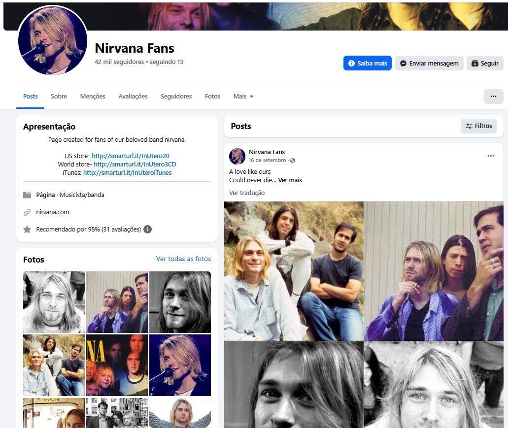 Página no Facebook– Nirvana Fans (Música Grunge/Nostalgia) | 42 mil seguidores