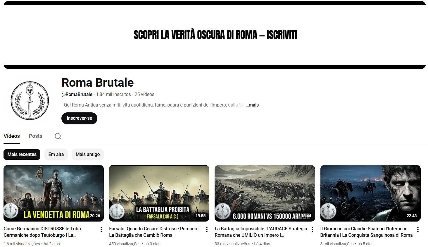 Canal no YouTube à venda – Roma Brutale (História Romana/Italiano)