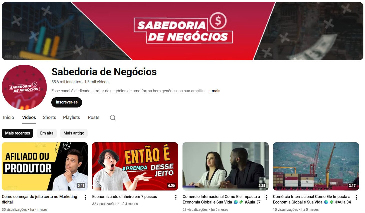 Sabedoria de Negócios (Empreendedorismo e Finanças) | 55 mil inscritos – Canal no Youtube