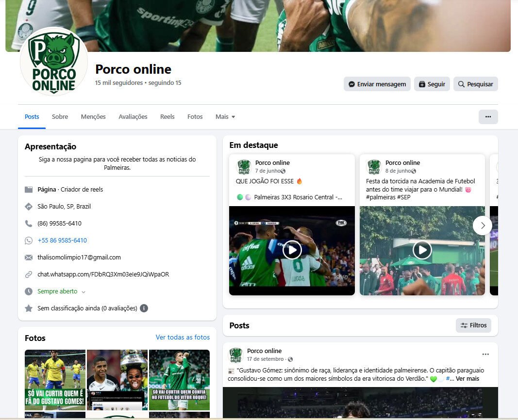Página no Facebook Porco online (Futebol/Palmeiras) | 15 mil seguidores