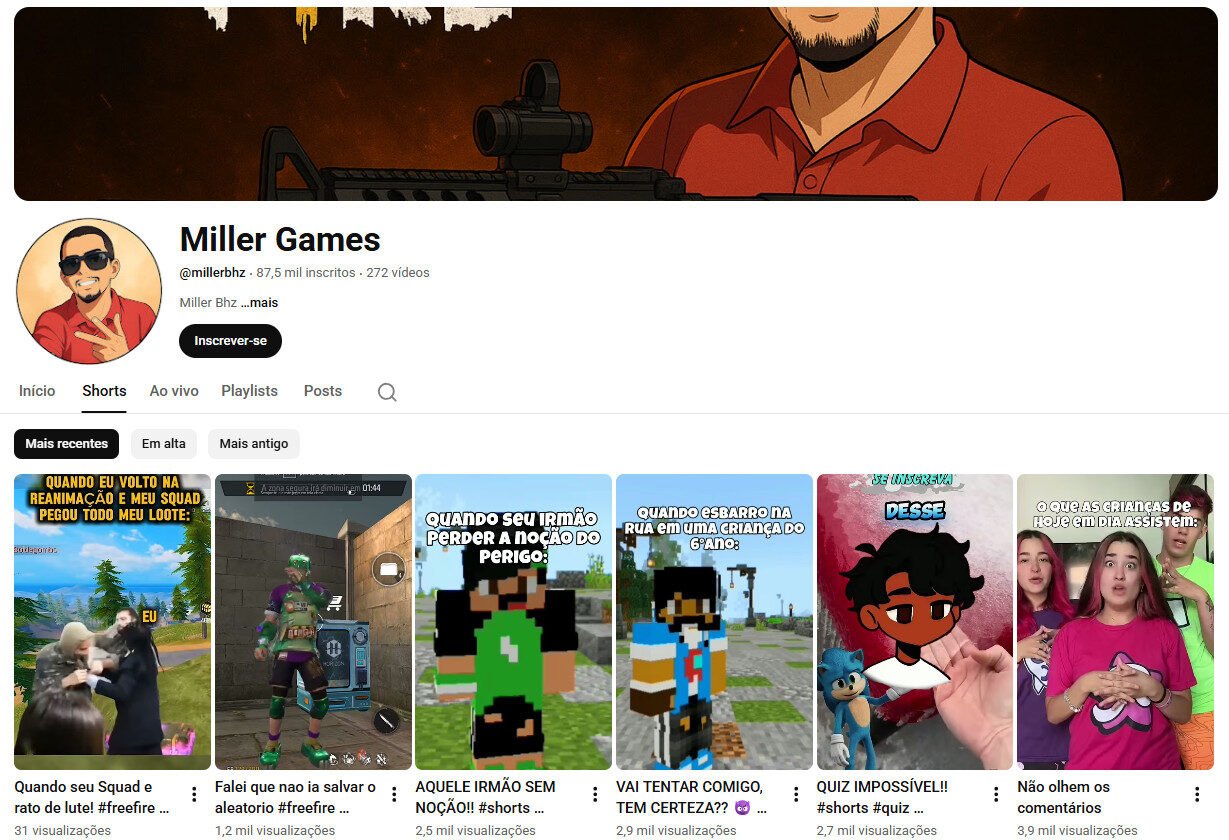 Canal no YouTube à venda – Miller Games (Gaming/Shorts) NÃO MONETIZADO | 87 mil inscritos