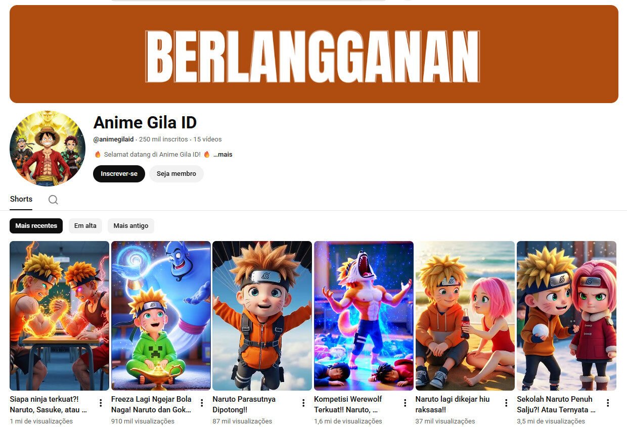 Anime Gila ID (IA, Anime e Shorts) NÃO MONETIZADO | 250 mil inscritos no Youtube