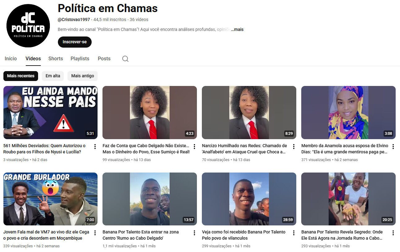 Canal no YouTube – Política em Chamas (Notícias Africanas/Lusófonas) 44 mil inscritos