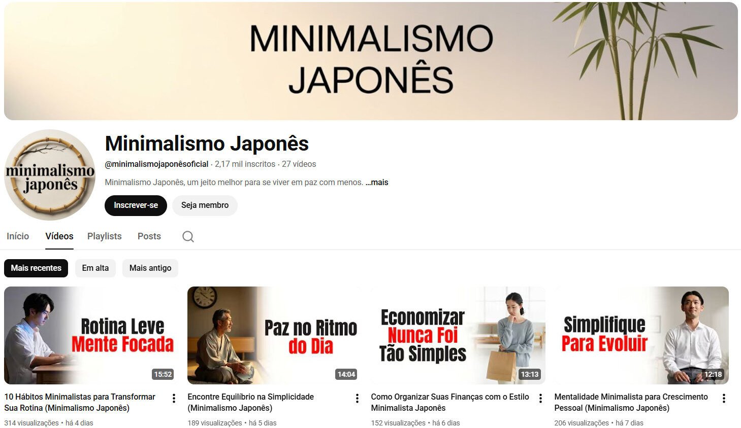 Canal no YouTube Minimalismo Japonês 2 mil inscritos