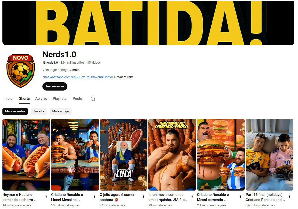 Canal no YouTube à venda – Nerds 1.0 (Humor, Futebol e Memes IA) NÃO MONETIZADO | 3 mil inscritos