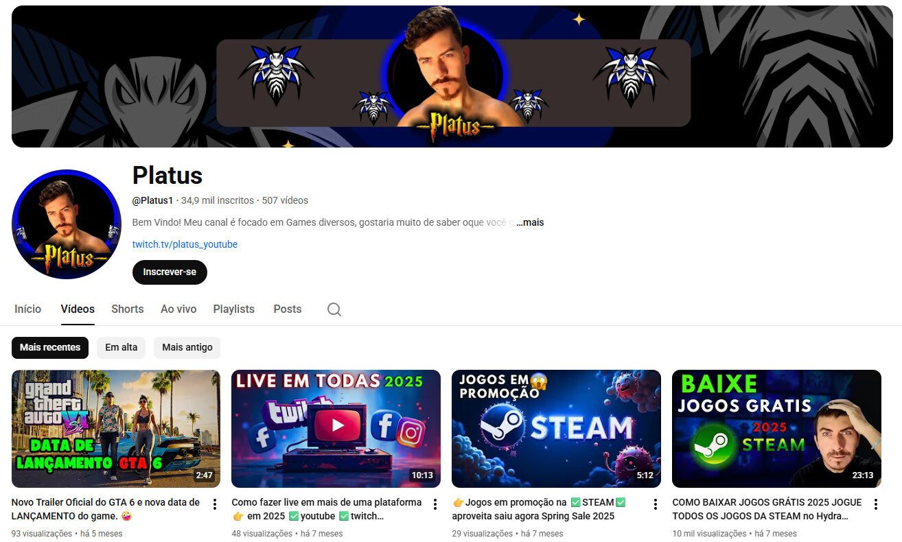 Canal no YouTube à Venda – Platus (Conteúdo de Games e Tecnologia) 34 mil inscritos
