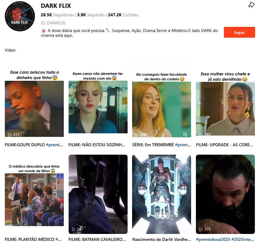 Perfil Kwai para Investimento – DARK FLIX (Cortes de Filmes e Séries) 28 mil seguidores