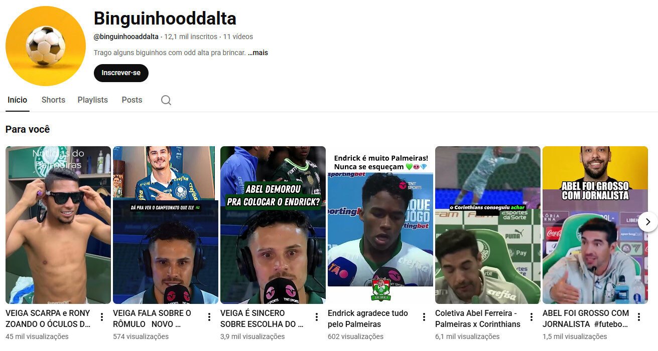 Canal do YouTube não monetizado – Binguinhooddalta (Futebol e Memes) 12 mil inscritos
