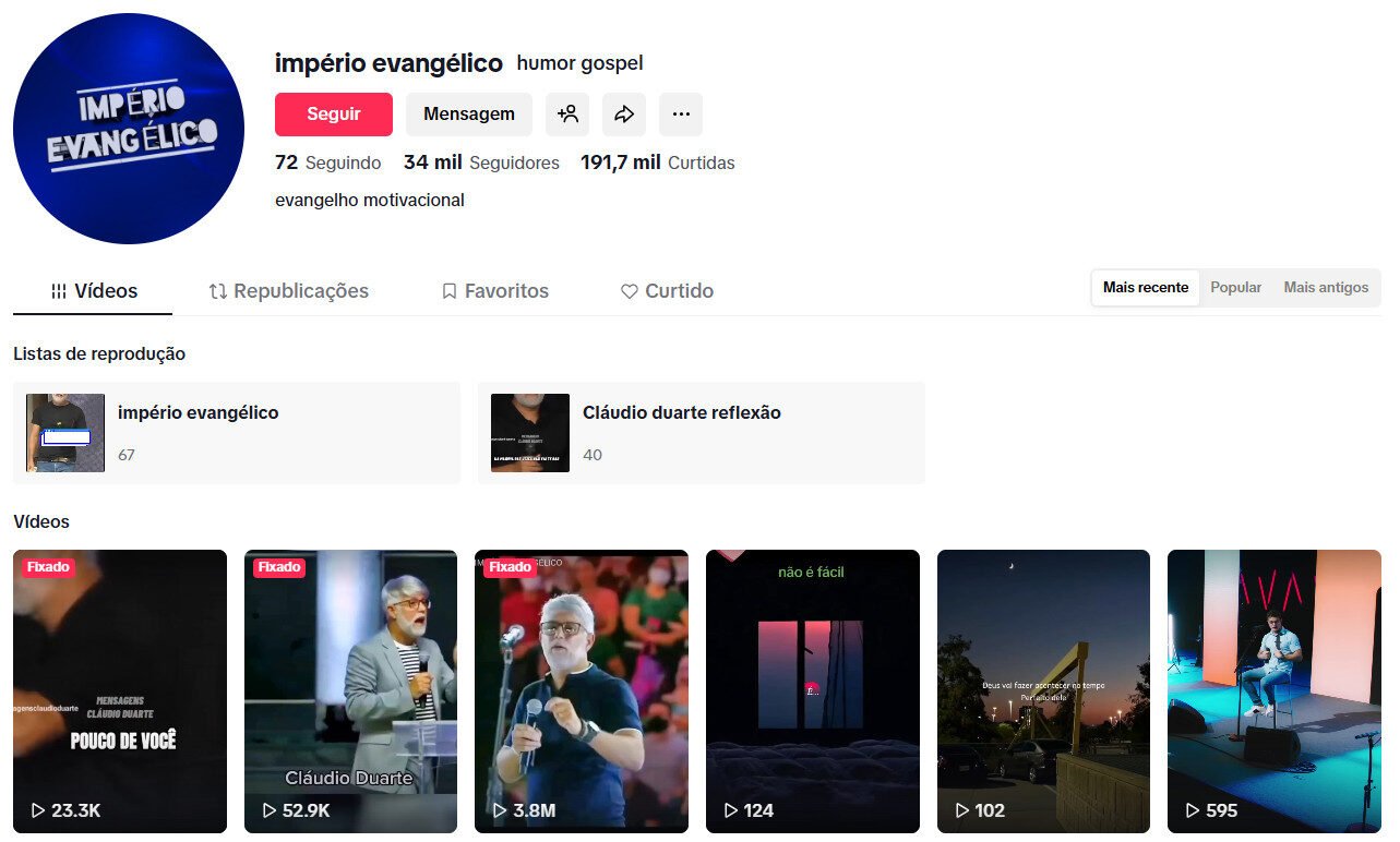 Império evangélico – 34 mil seguidores no tiktok