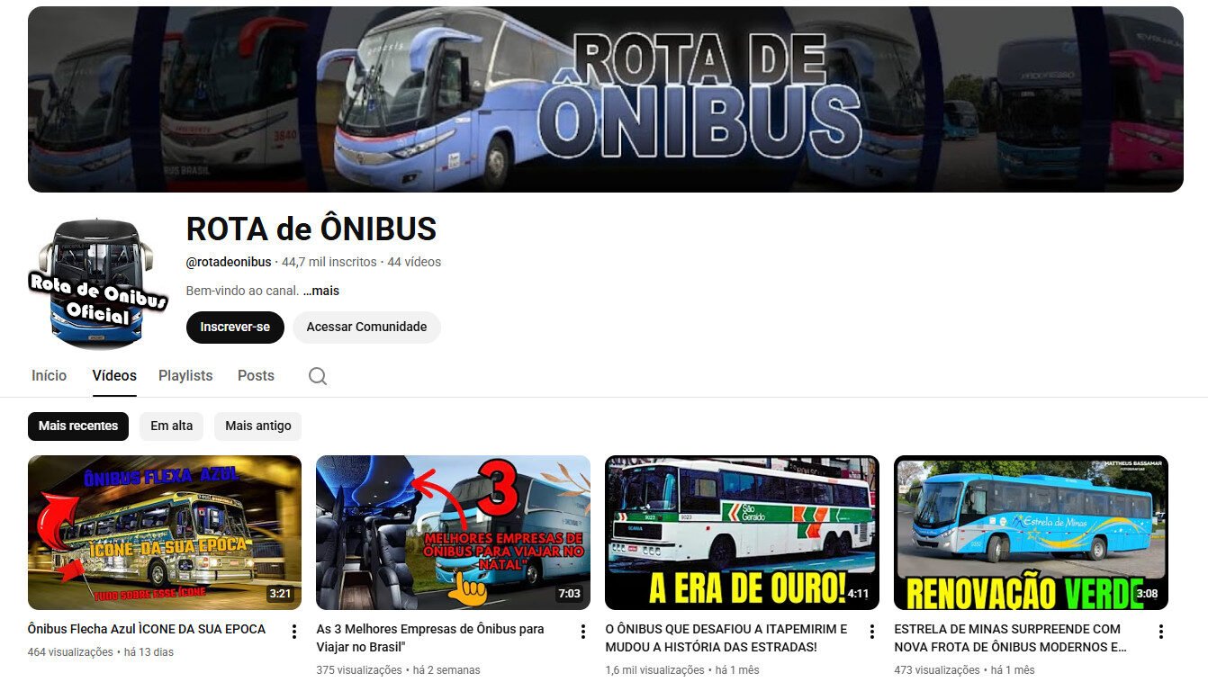 Canal no YouTube à Venda – ROTA de ÔNIBUS (Transporte e Logística) 44 mil inscritos