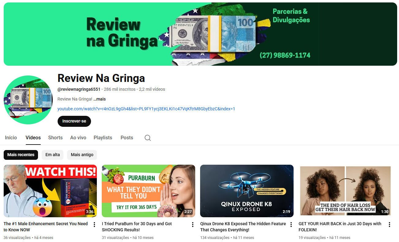 Review Na Gringa (Produtos e Afiliados) – Canal no Youtube com 286 mil inscritos Não Monetizado