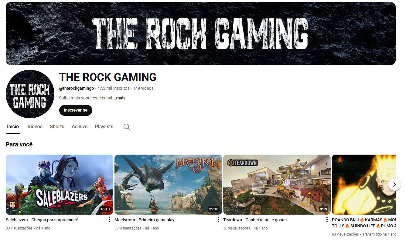 Canal no YouTube Não Monetizado – THE ROCK GAMING (Gaming e Jogos) 47 mil inscritos