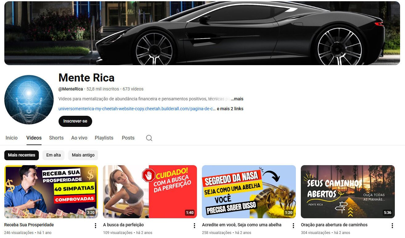 Mente Rica (Finanças e Desenvolvimento Pessoal) – Canal no youtube não monetizado – 52 mil inscritos