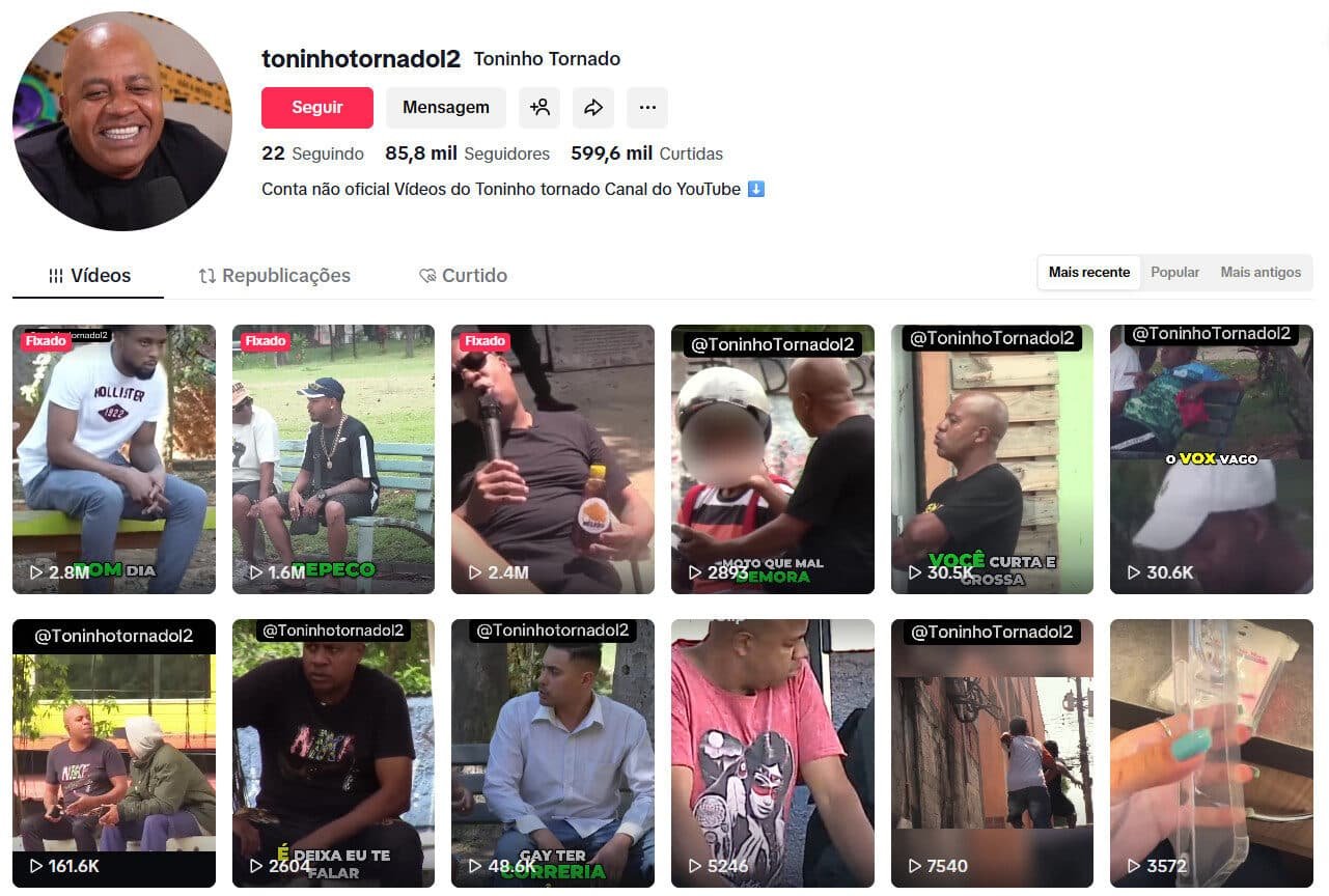 Perfil no tiktok Toninho Tornado – Humor e pegadinhas com 85 mil seguidores