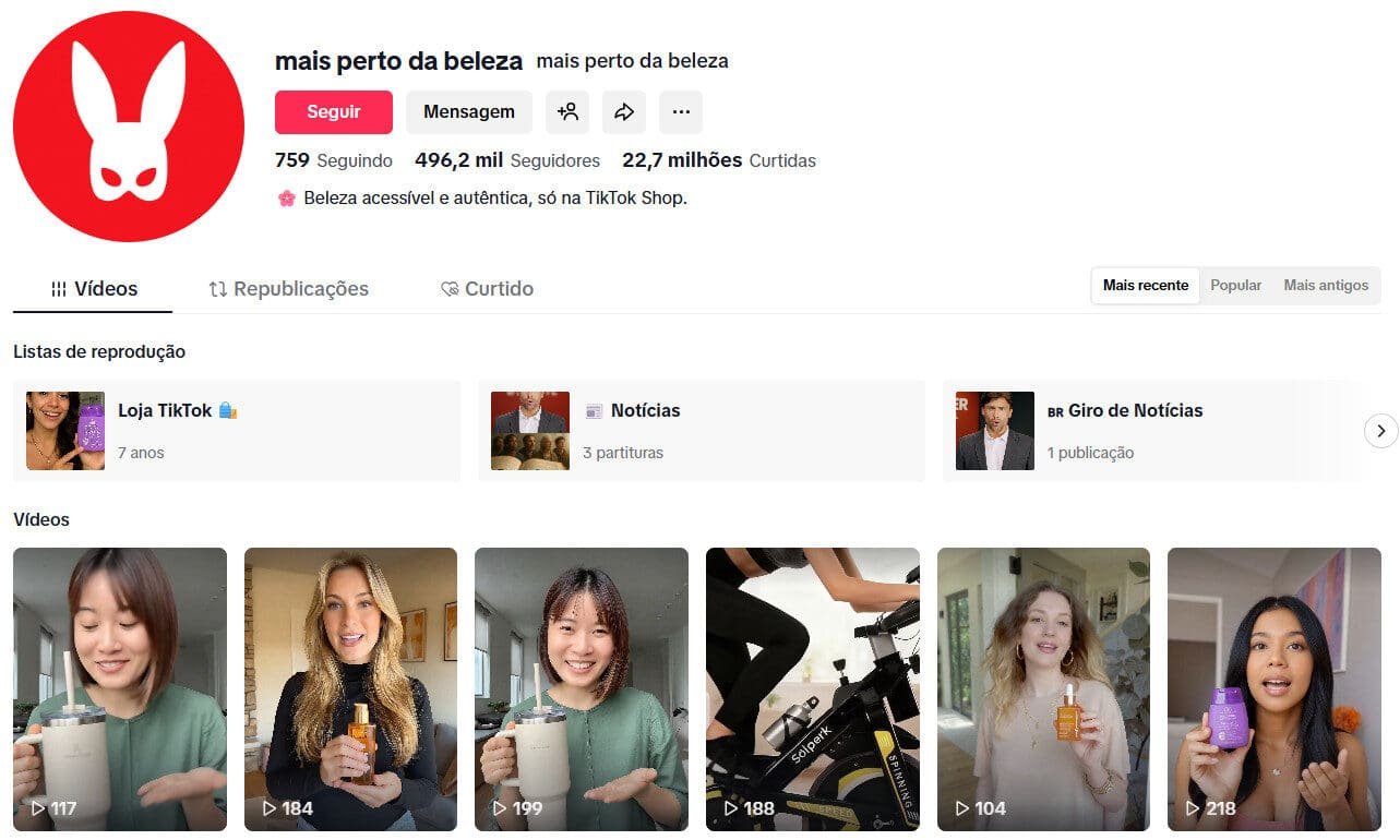 Perfil à venda no tiktok – mais perto da beleza | 496 mil seguidores