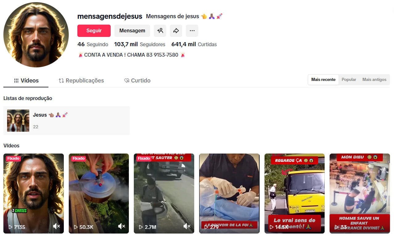 TikTok à venda – Reflexão e mensagens de Jesus 103 mil seguidores