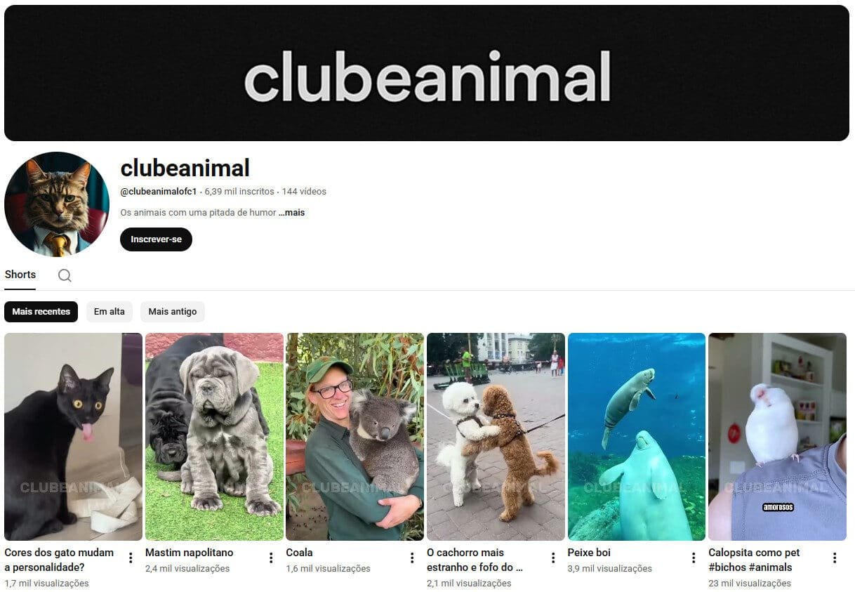 Canal no YouTube Não Monetizado – clubeanimal (Animais e Humor) – 6 mil inscritos