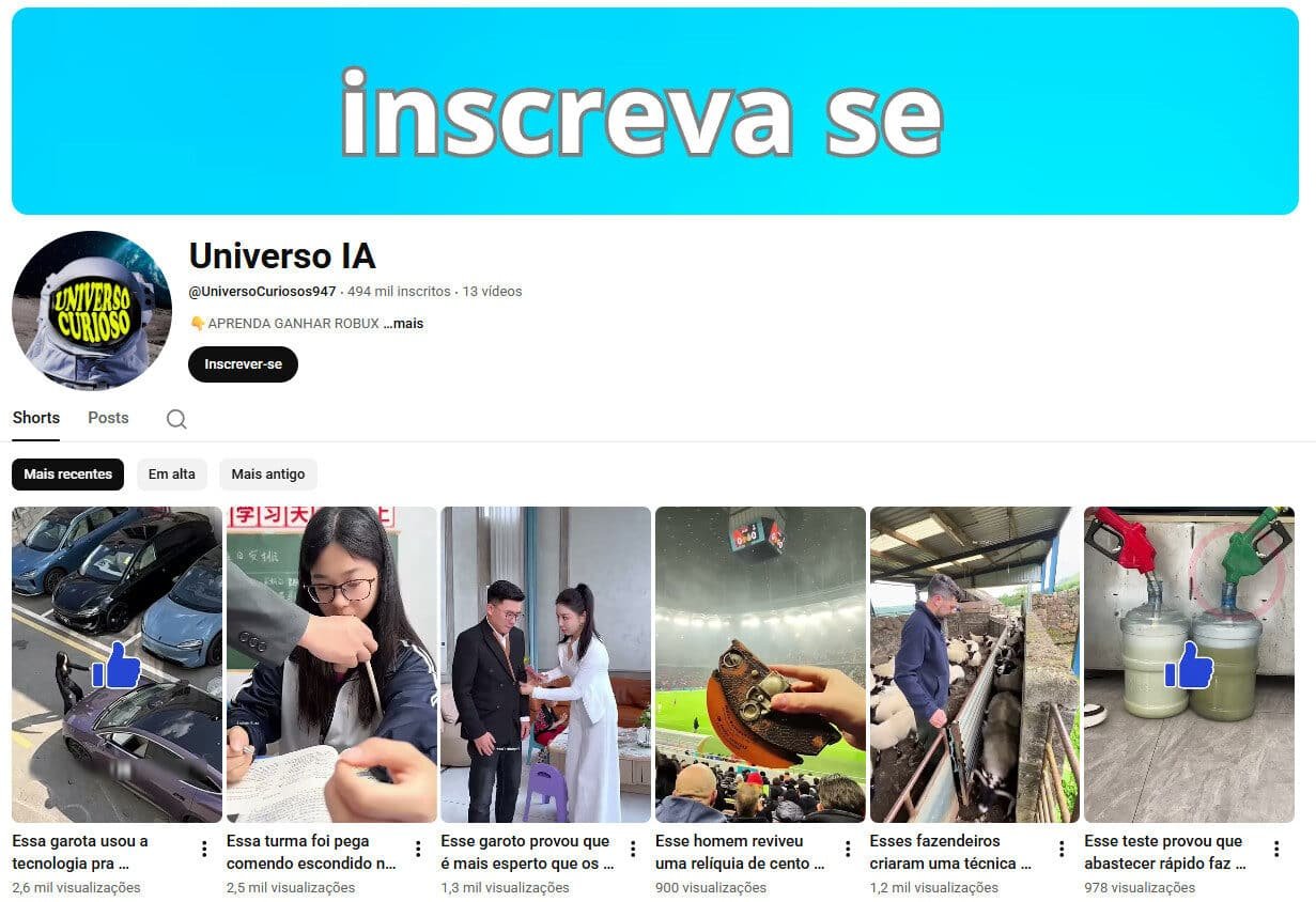 Canal no YouTube à Venda – Universo IA – Não Monetizado 494 mil inscritos
