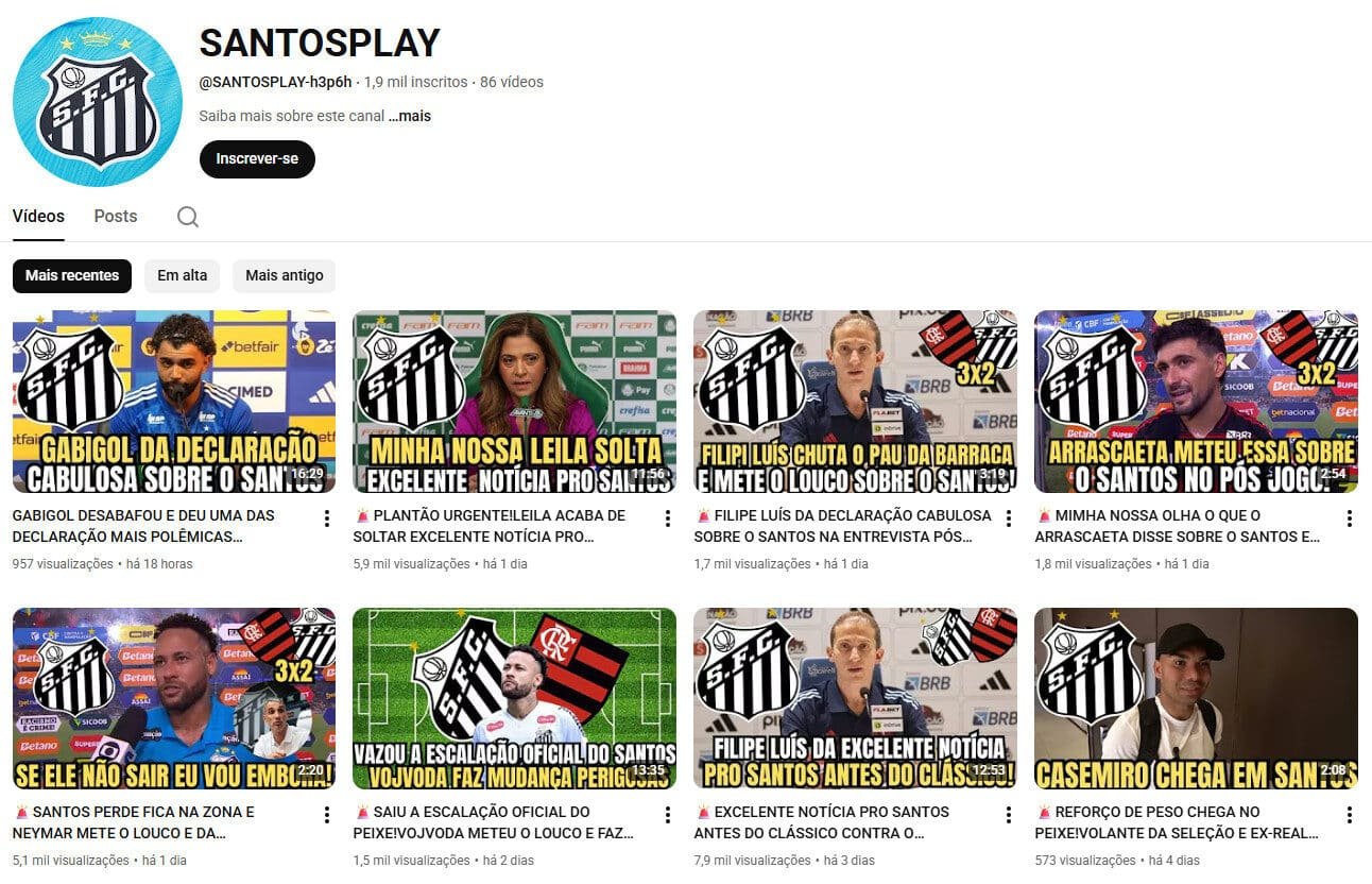 Canal no YouTube – Futebol e Notícias do Santos 1 mil inscritos