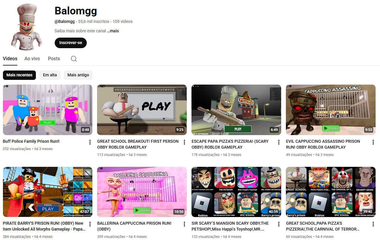 Canal no YouTube – Gaming e Roblox 35 mil inscritos