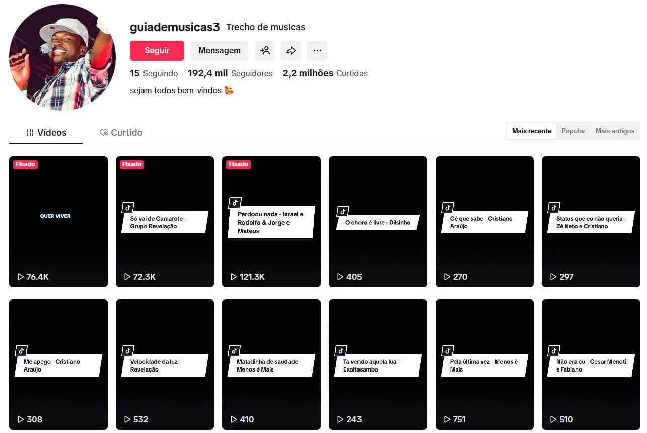 Perfil no tiktok sobre músicas e trechos de canções populares – 192 mil seguidores