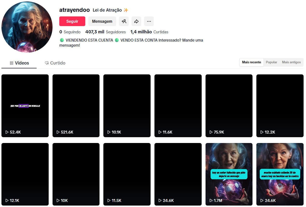 Perfil no tiktok à venda – 407 mil seguidores – Lei da atração