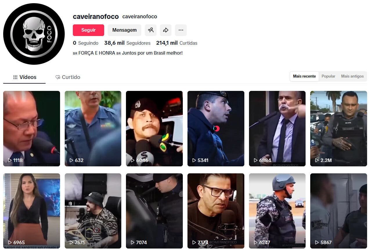Perfil no TikTok à venda sobre Forças policiais – caveiranofoco | 38 mil seguidores